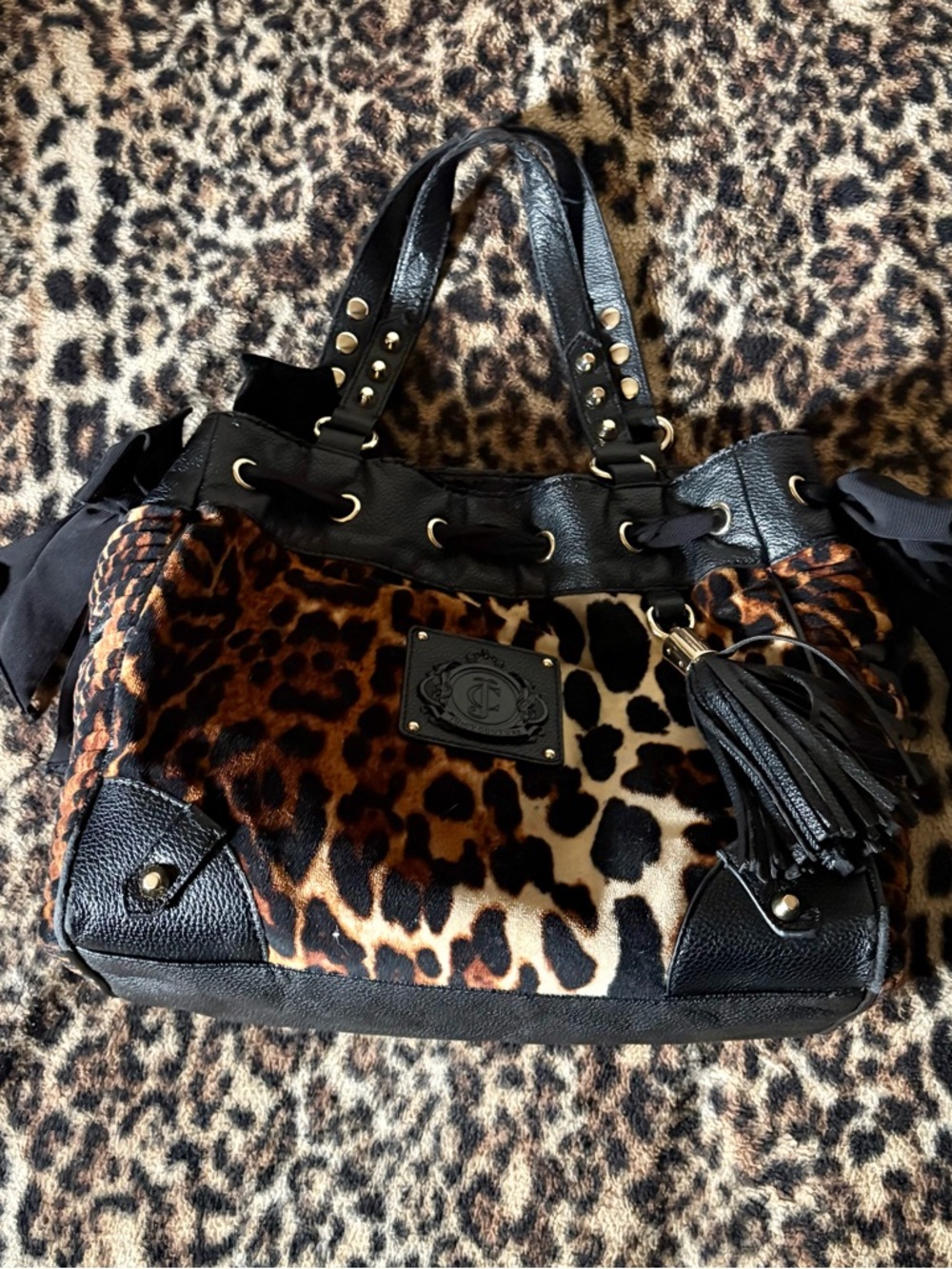 Juicy Couture Black and Leopard Print Tote with Tassel Accent